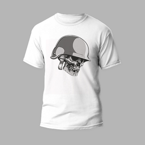 white round neck t-shirt helmet skull design