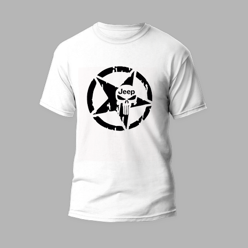 white round neck t-shirt jeep skull design
