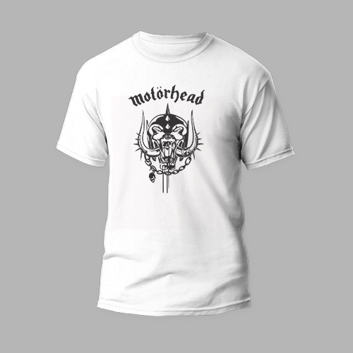 white round neck t-shirt with motor head skull