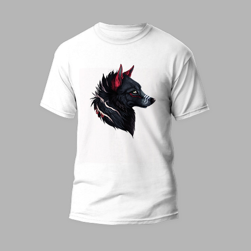 white round neck t-shirt with red wolf design
