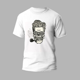 white round neck t-shirt with moking skull